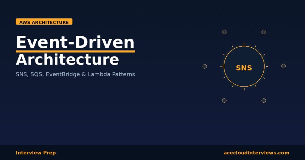 AWS event-driven architecture diagram showing SNS, SQS, EventBridge, and Lambda patterns